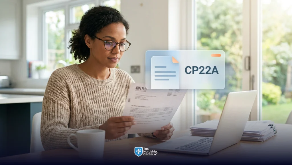 Person reviewing an IRS letter at a desk with a CP22A notice graphic displayed, illustrating how taxpayers receive and review IRS tax adjustment notices.