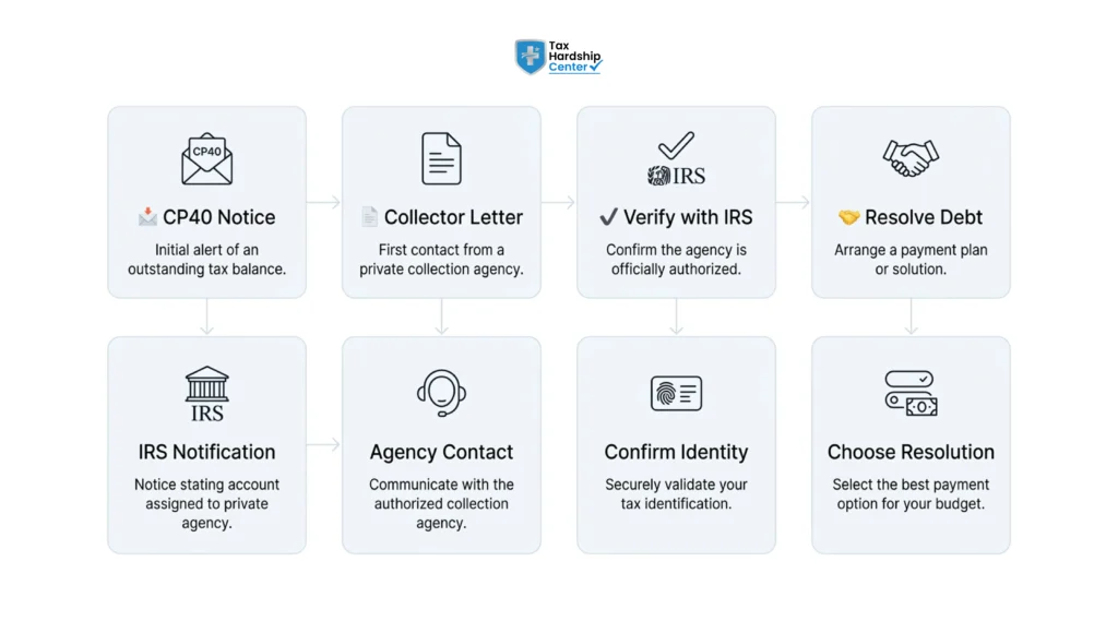Flowchart showing the IRS private debt collection process from CP40 notice to Coast Professional Inc assignment, verification, and debt resolution.