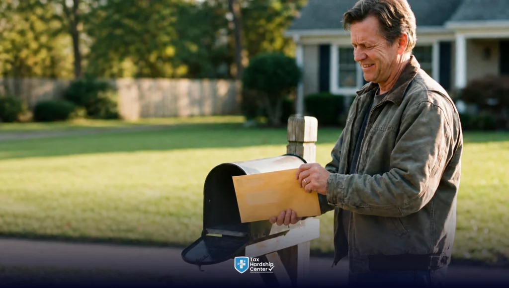 Taxpayer receiving a tax notice in the mail after an IRS return adjustment