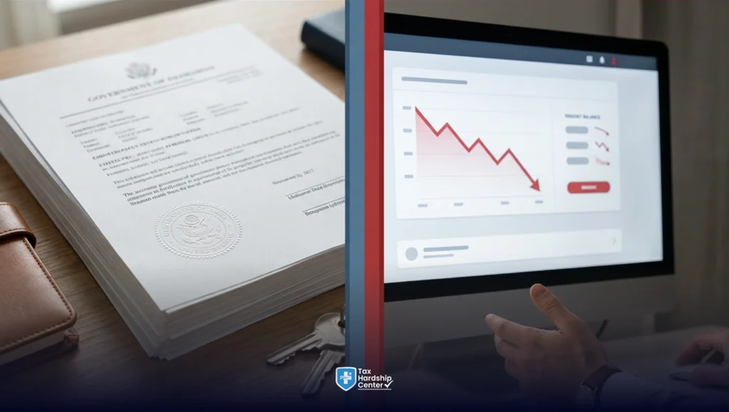 Split illustration showing IRS lien filing on one side and IRS levy causing bank account asset seizure on the other side
