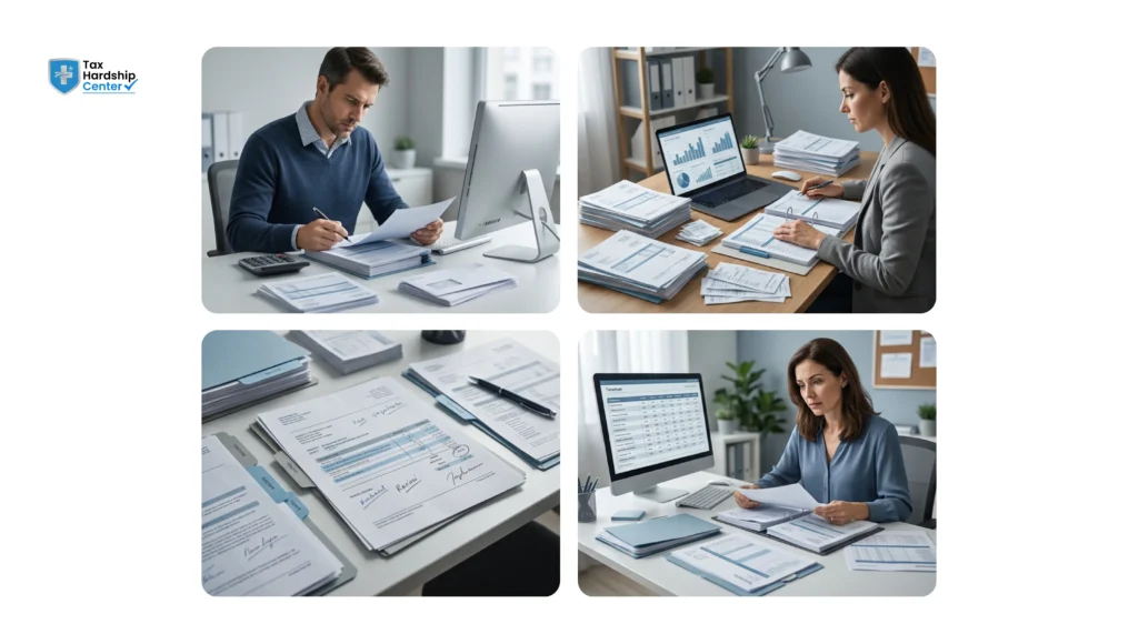 Taxpayers reviewing IRS notices, tax documents, and account records related to ACS collections
