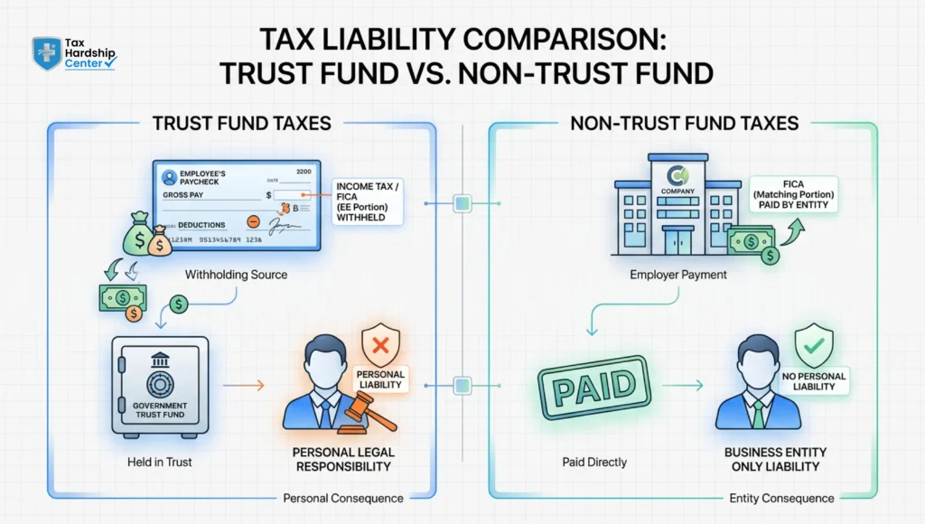 Comparison chart explaining the difference between trust fund payroll taxes and non-trust fund taxes, including personal liability implications.