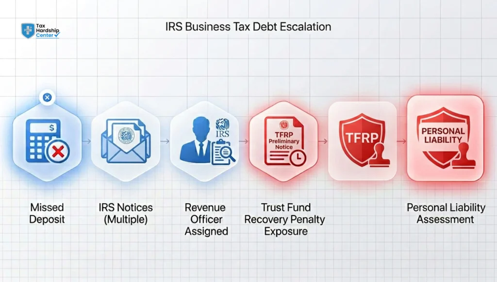 IRS payroll tax debt escalation timeline showing missed deposits, IRS notices, Revenue Officer assignment, Trust Fund Recovery Penalty, and personal liability