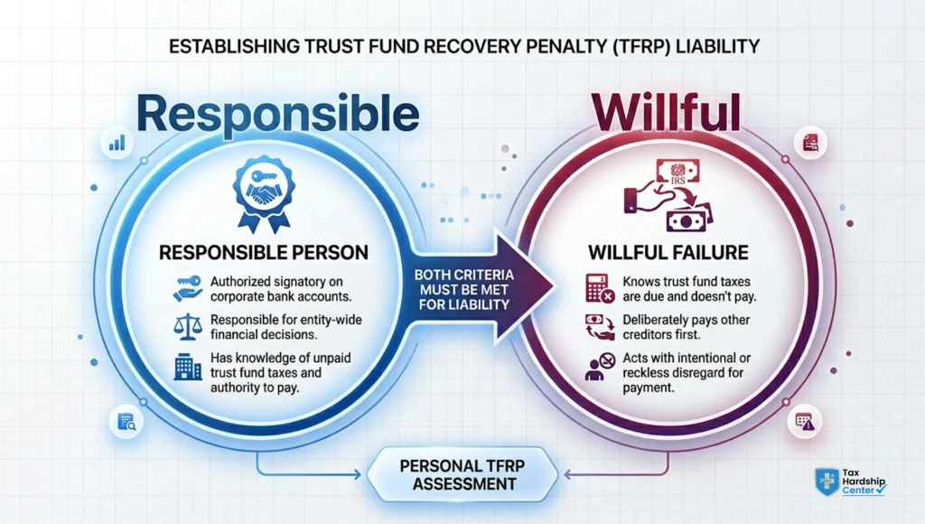Infographic explaining the responsible person and willful failure requirements used by the IRS to assess Trust Fund Recovery Penalty liability.