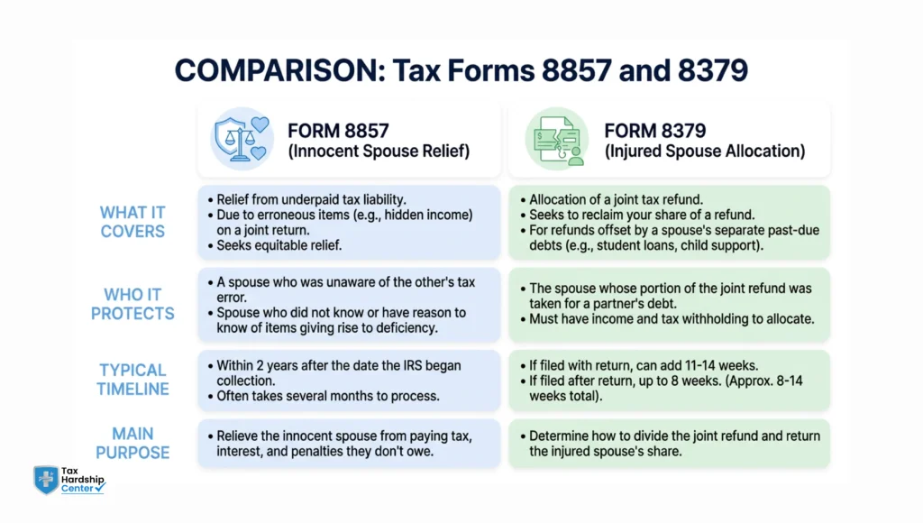 Comparison chart explaining the differences between IRS Form 8857 Innocent Spouse Relief and Form 8379 Injured Spouse Allocation.