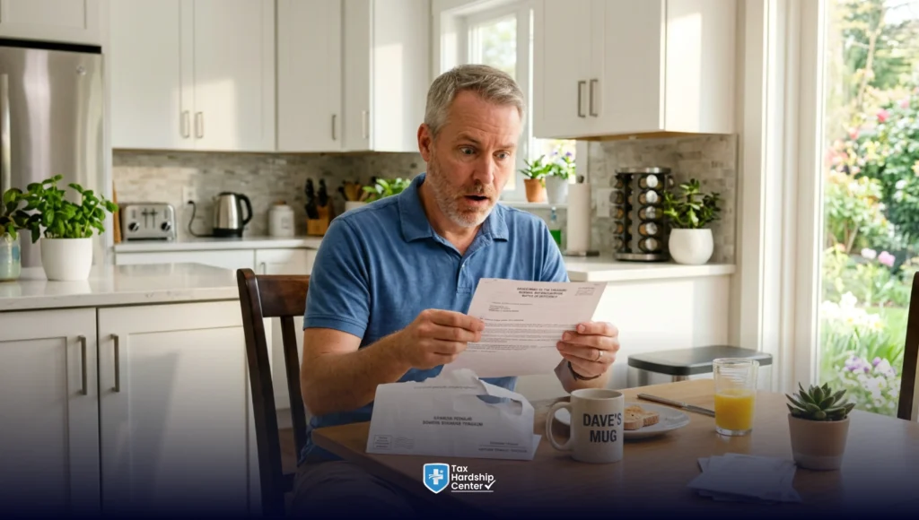 Business owner opening an IRS Trust Fund Recovery Penalty notice about personal liability for unpaid payroll taxes.