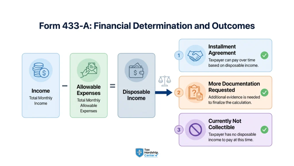 Infographic showing how income minus allowable expenses determines disposable income and IRS payment outcomes