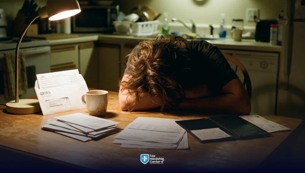 Taxpayer organizing financial documents before completing IRS Form 433-F