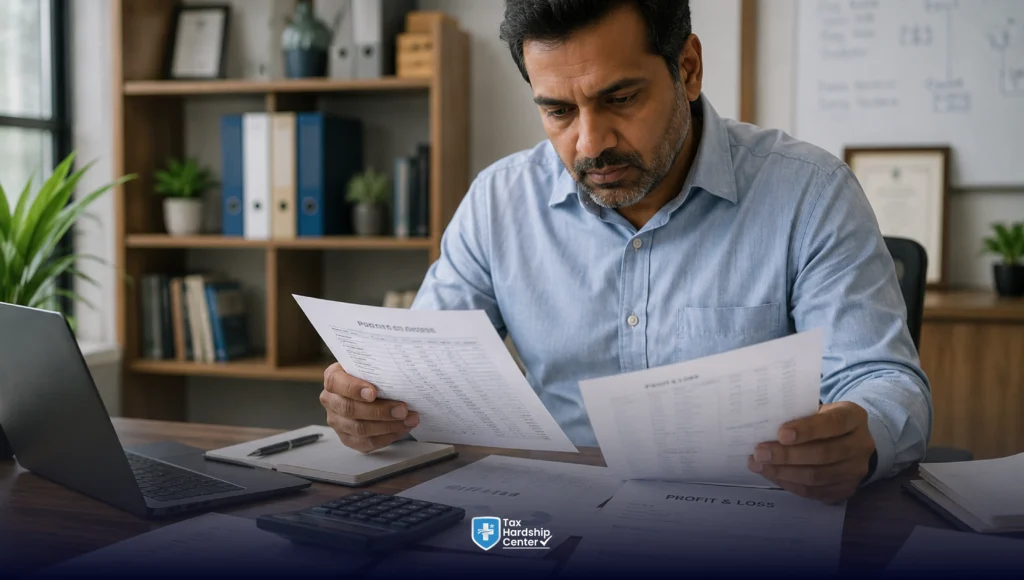 Business owner reviewing bank statements and financial reports while preparing IRS Form 433-B for business tax hardship relief.