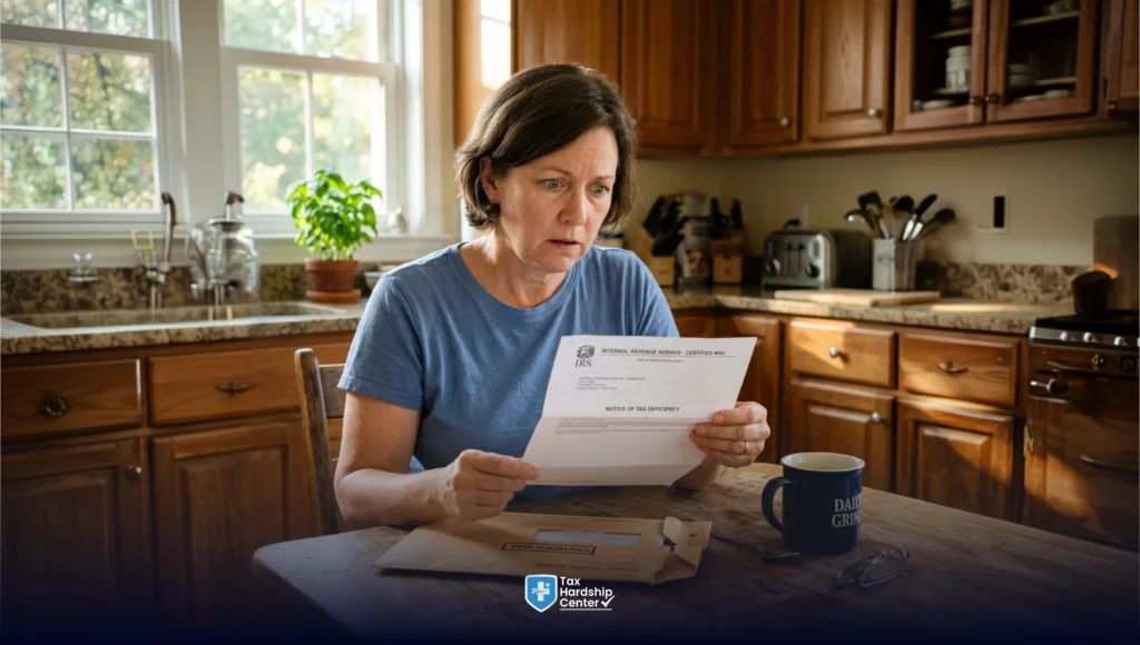 Person reading an IRS certified notice at home after learning about potential tax liability and innocent spouse relief.
