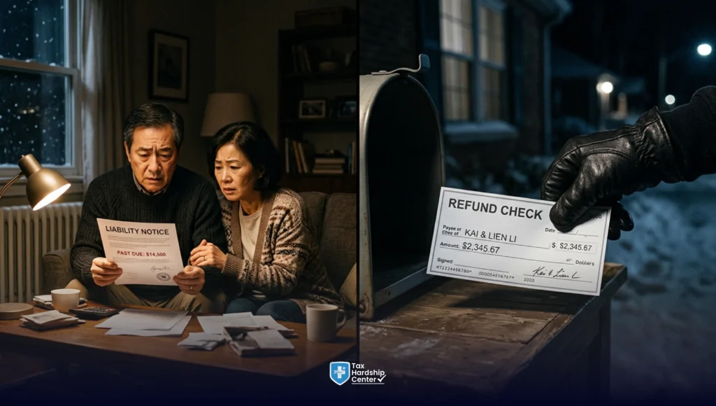 Split illustration showing a couple receiving an IRS liability notice and a tax refund being offset for a spouse's debt.