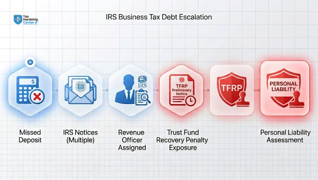 Timeline showing payroll tax debt escalating from missed deposits and IRS notices to Revenue Officer assignment, Trust Fund Recovery Penalty exposure, and personal liability