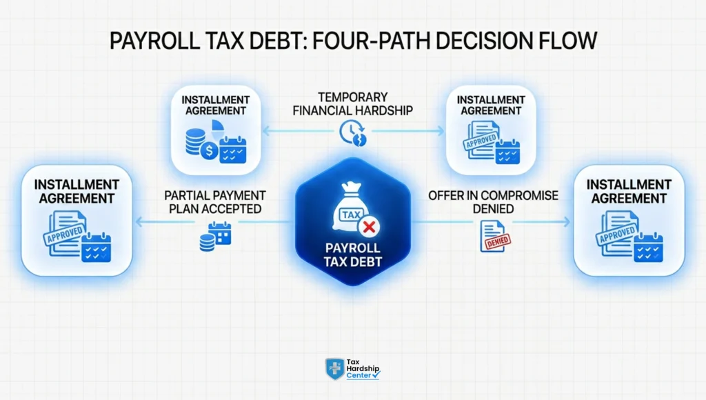 Four IRS relief options for employers with payroll tax debt, including installment agreements, Offer in Compromise, penalty abatement, and Currently Not Collectible status