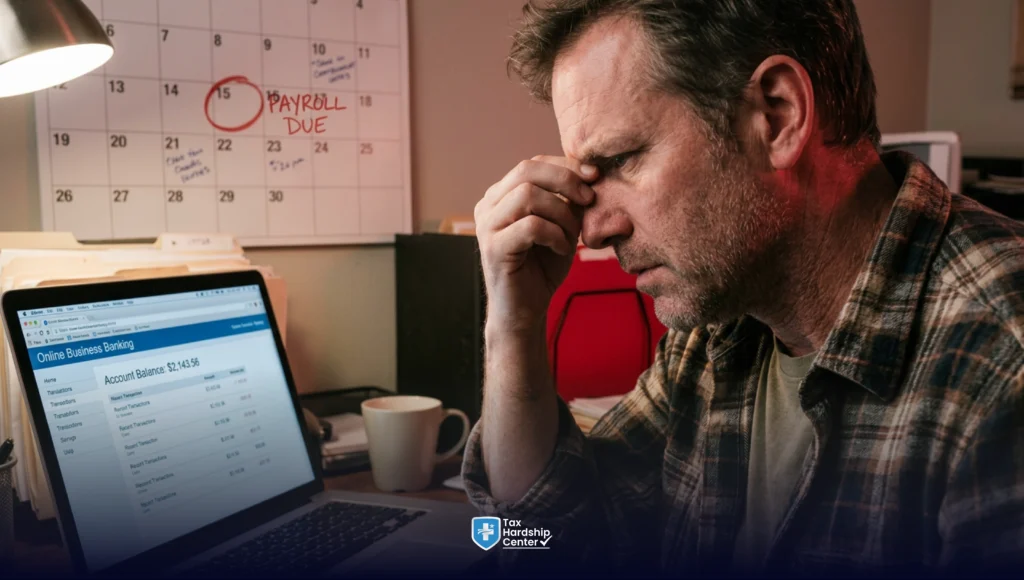 Business owner reviewing finances with an upcoming payroll deadline while dealing with payroll tax debt