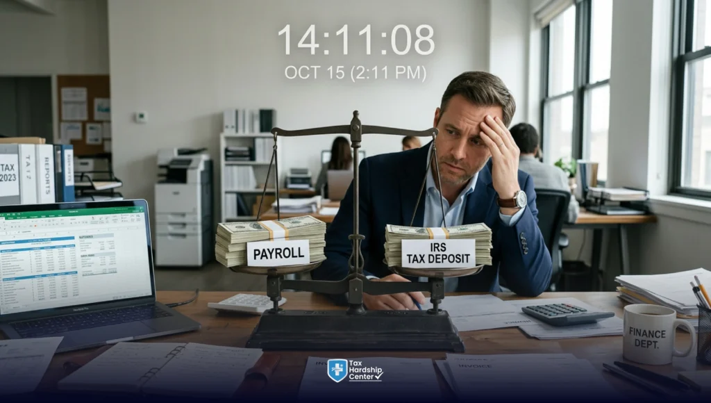 Small business owner weighing payroll expenses against an overdue IRS payroll tax deposit, highlighting cash flow challenges.