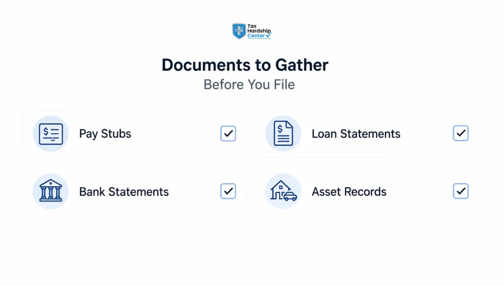 Checklist showing pay stubs, bank statements, loan statements, and asset records required to complete IRS Form 433-A.