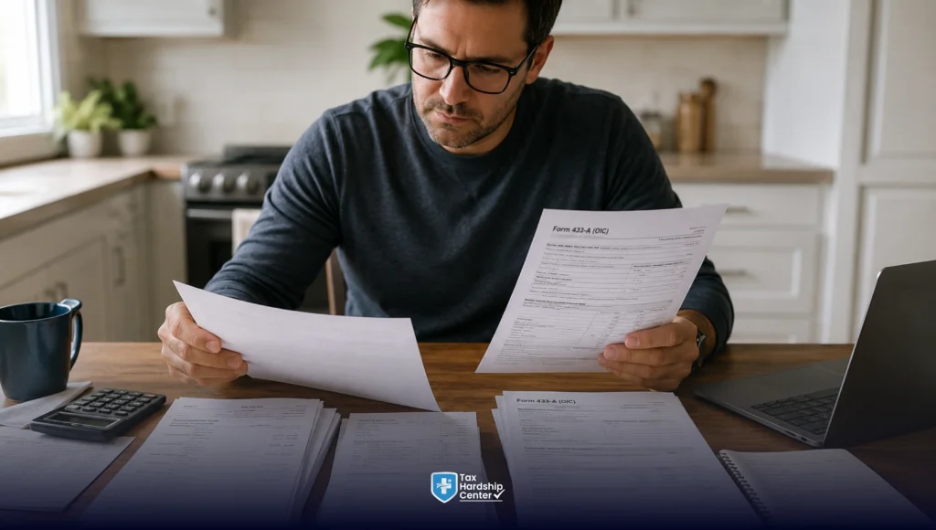 Individual reviewing IRS Form 433-A and financial documents to prove financial hardship for tax relief.