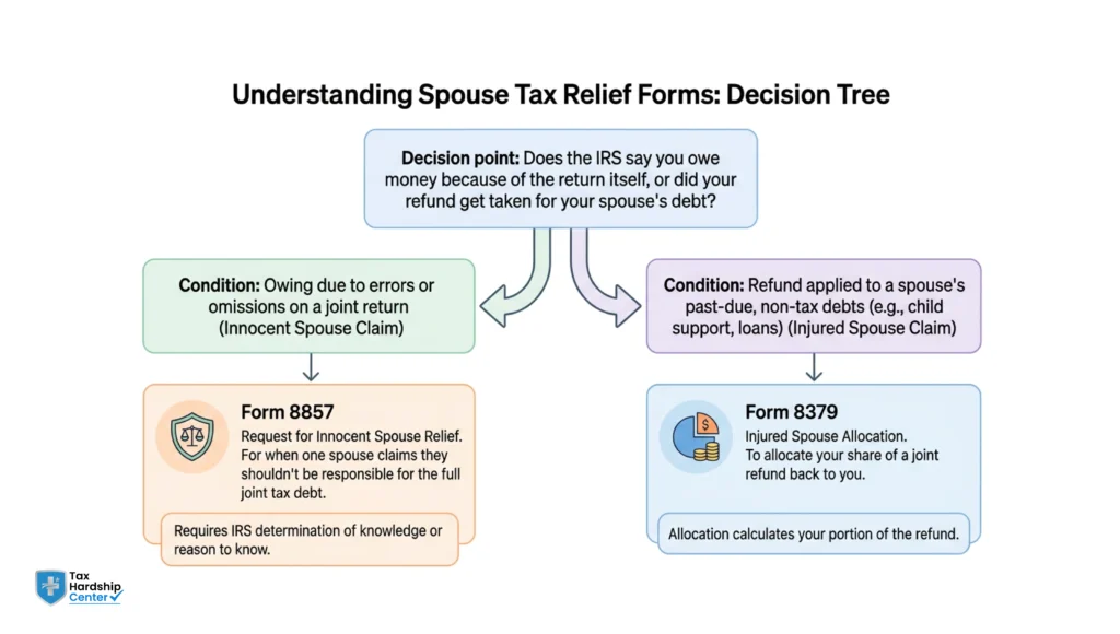 Decision flowchart helping taxpayers determine whether to file Form 8857 for innocent spouse relief or Form 8379 for injured spouse allocation.
