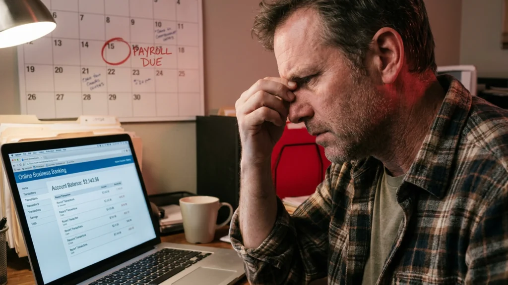 Business owner checking bank balance after realizing payroll taxes cannot be deposited on time