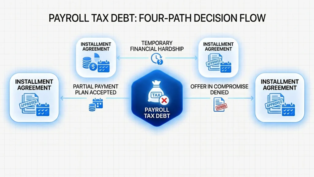 Diagram showing the four IRS payroll tax debt relief options including installment agreements, Offer in Compromise, penalty abatement, and Currently Not Collectible status