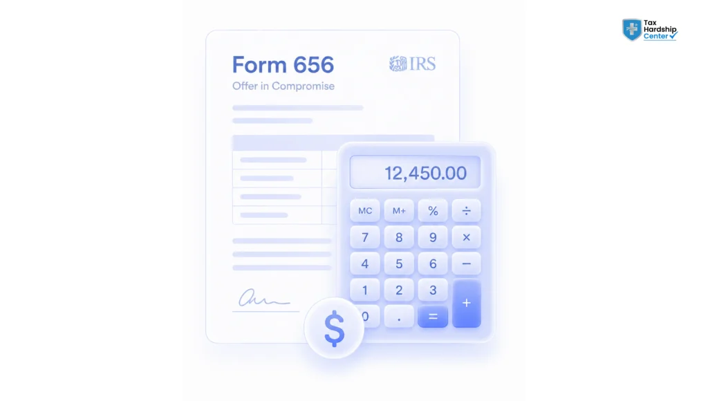 Form 656 Offer in Compromise application with calculator showing estimated offer amount