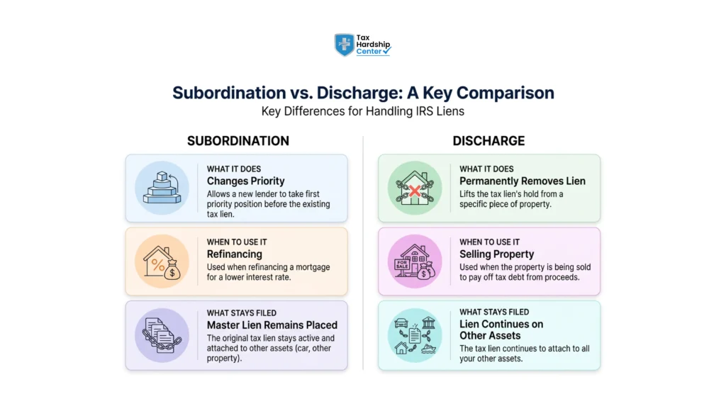 Comparison chart explaining the differences between IRS lien subordination and lien discharge for refinancing and property sales