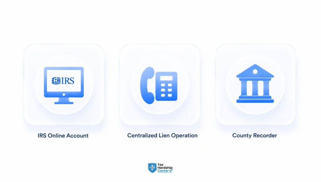 Three ways to look up IRS tax lien records using an IRS Online Account, phone, or county recorder