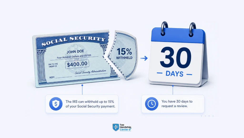 Social Security check showing a 15% IRS levy and 30-day review period