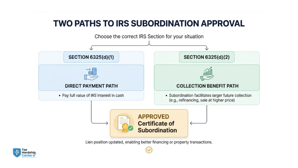 Infographic showing the two IRS lien subordination qualification paths under Sections 6325(d)(1) and 6325(d)(2) using Form 14134