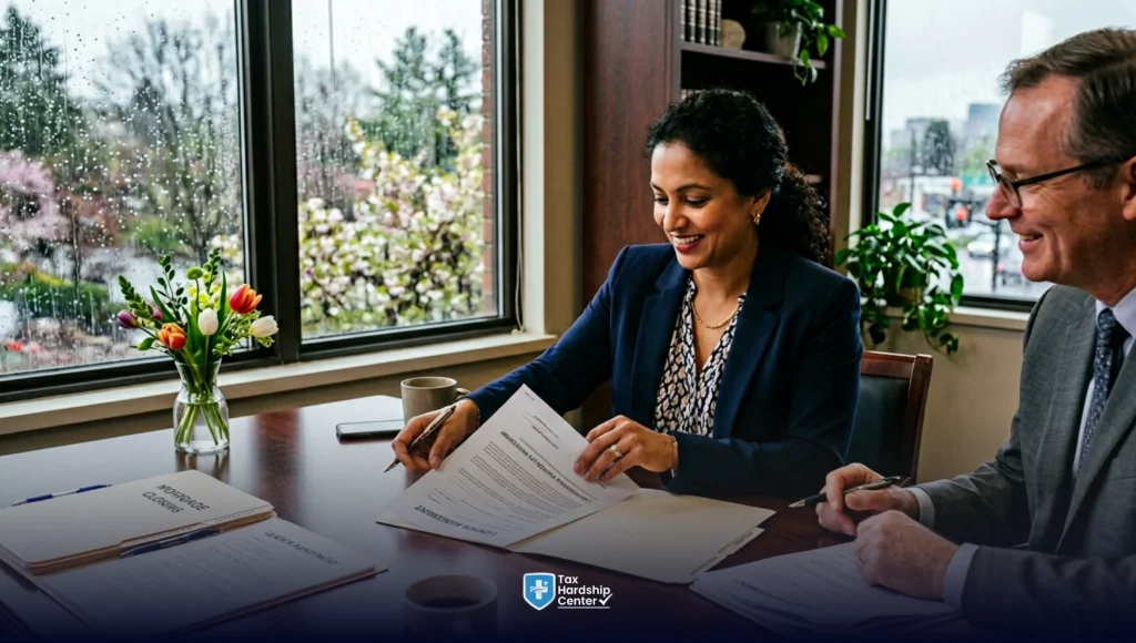 Tax professionals assisting a homeowner with IRS lien subordination documents for a refinance or property transaction