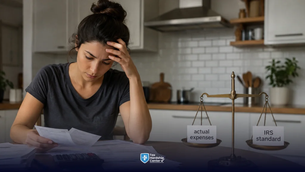 Taxpayer comparing actual living expenses with IRS collection standards