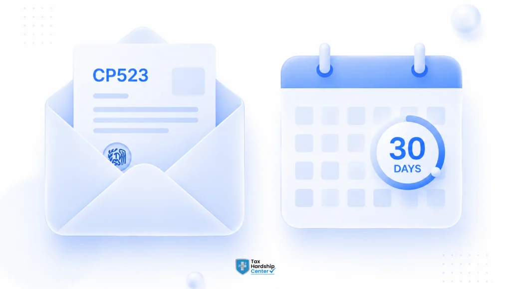 CP523 notice showing a 30-day window to respond to a missed IRS payment plan payment