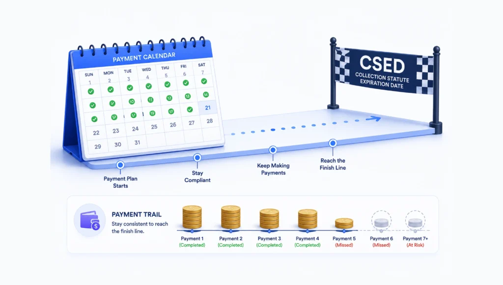 Calendar and payment timeline showing an IRS partial payment installment agreement leading to CSED