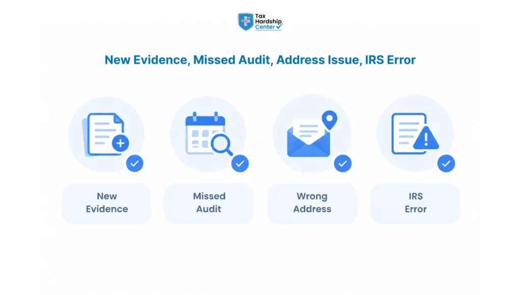 Checklist showing new evidence, missed audit, wrong address, and IRS error as reasons for audit reconsideration