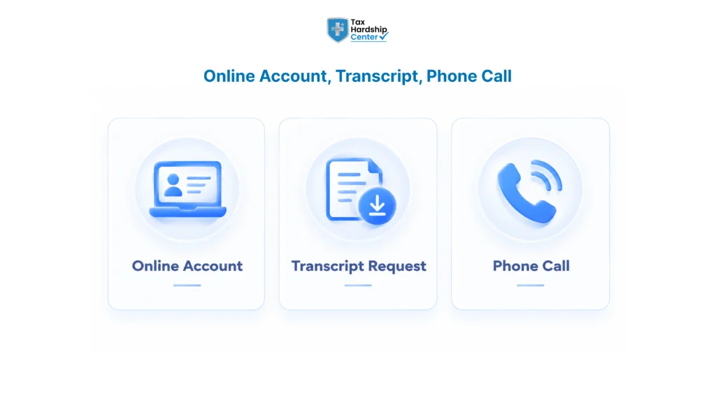 Graphic showing three ways to check an IRS balance: online account, transcript request, and phone call
