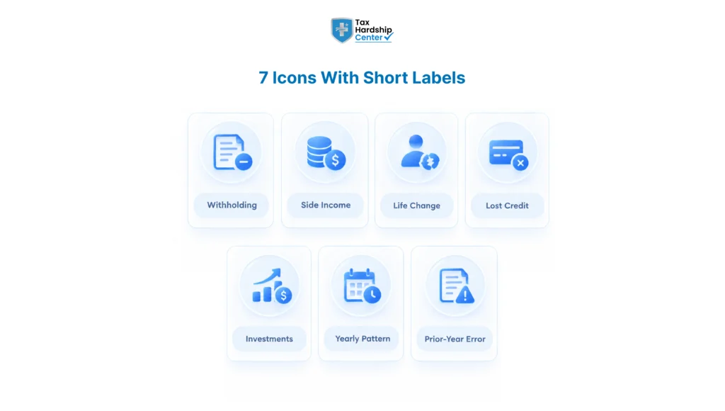 Icon graphic showing seven common reasons for owing taxes, including withholding, side income, life changes, lost credits, investments, yearly patterns, and prior-year errors
