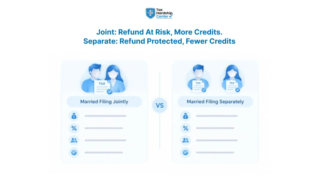 Comparison of married filing jointly and married filing separately, showing refund protection and tax credit differences