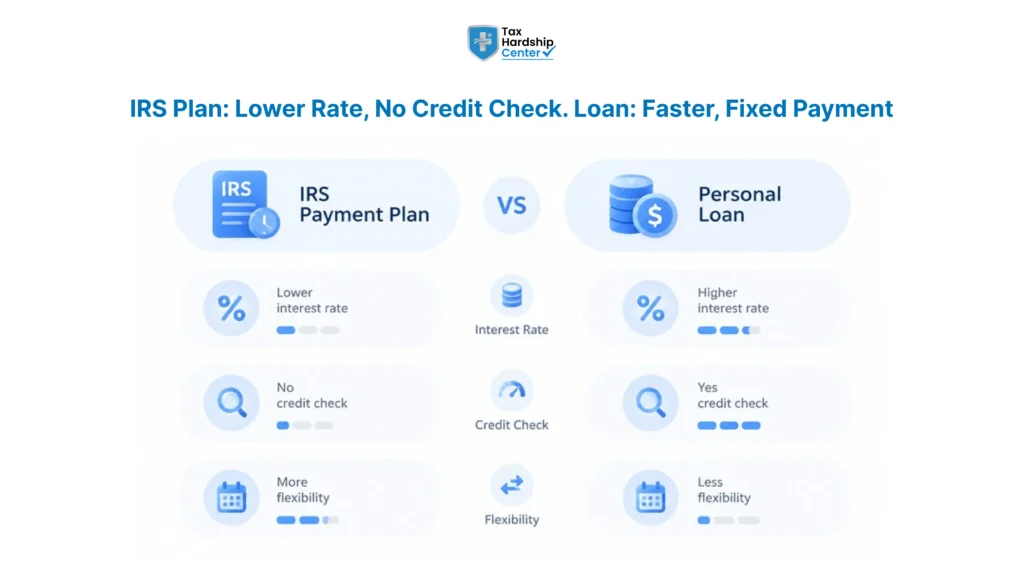 Comparison of an IRS payment plan and personal loan showing interest rates, credit checks, and flexibility