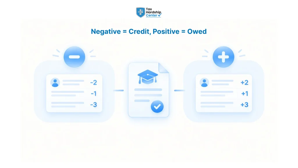 Graphic explaining negative and positive numbers on an IRS transcript