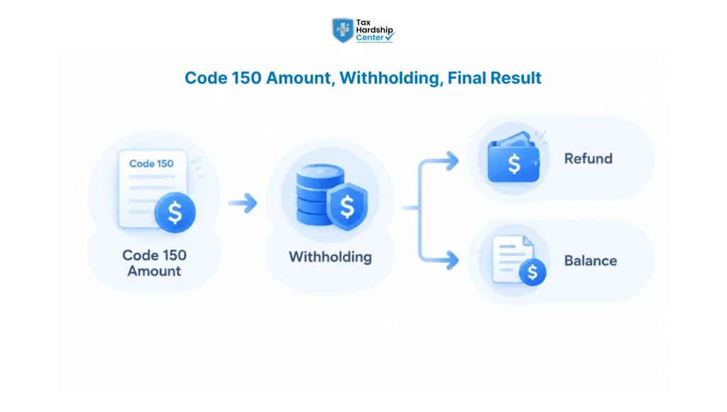Graphic explaining how the code 150 amount compares with withholding and the final refund or balance
