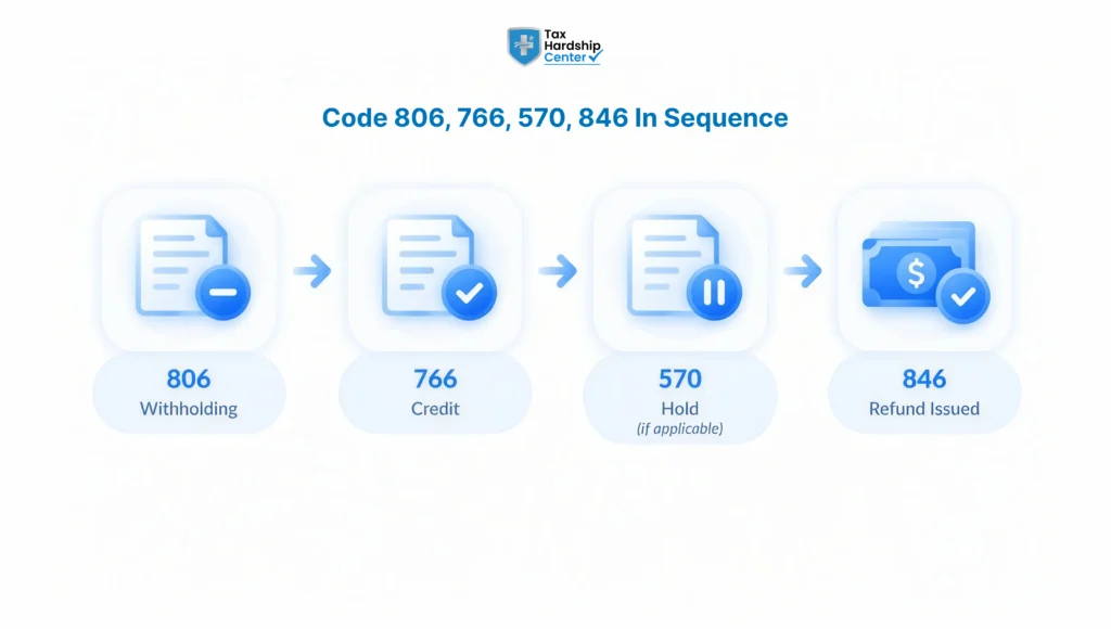 Infographic showing IRS transcript code sequence from withholding to refund