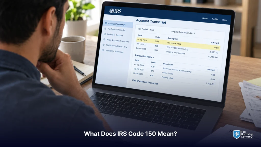 Person reviewing an IRS transcript with code 150 highlighted
