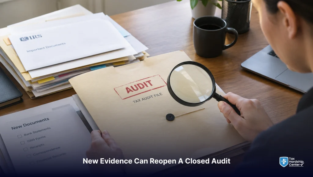 Person reviewing tax audit documents and new evidence for IRS audit reconsideration