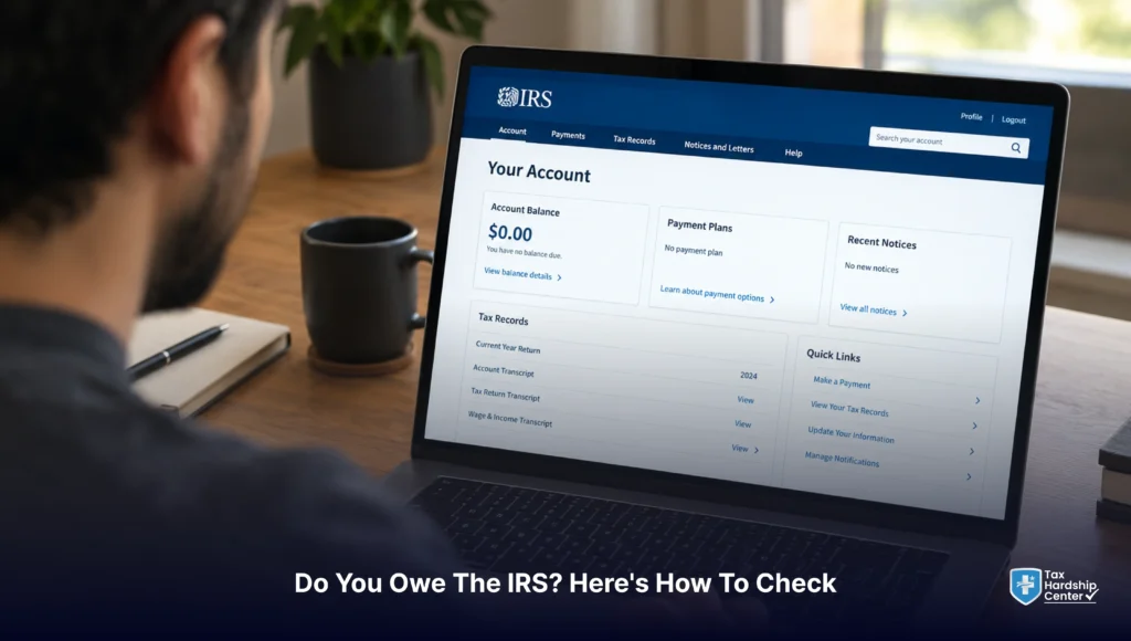 Person checking an IRS online account to see their tax balance