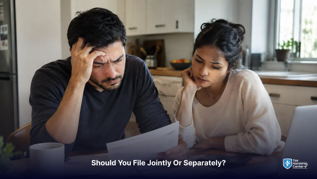 Married couple reviewing tax paperwork and discussing whether to file jointly or separately when one spouse owes taxes