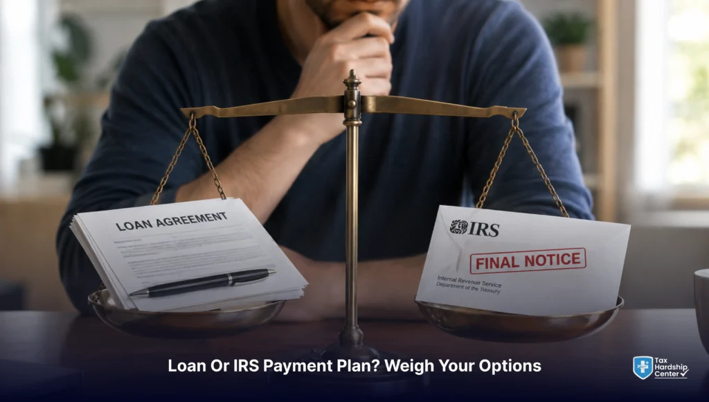 Graphic explaining the choice between a loan to pay the IRS and a personal loan