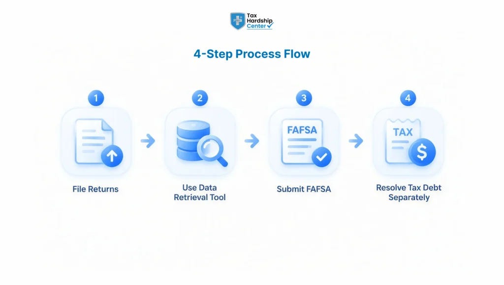 Four-step process showing filing tax returns, using the data retrieval tool, submitting FAFSA, and resolving tax debt separately