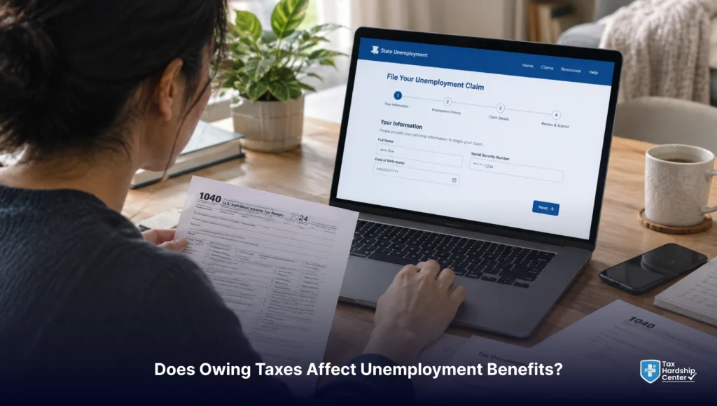 Person applying for unemployment benefits online while reviewing tax documents