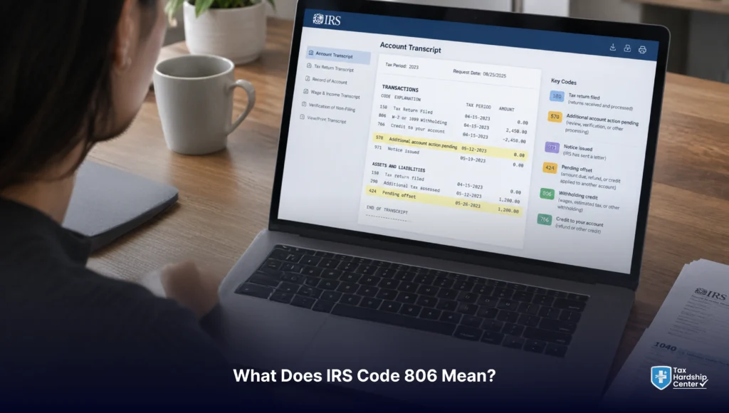 Person reviewing IRS transcript codes including code 806
