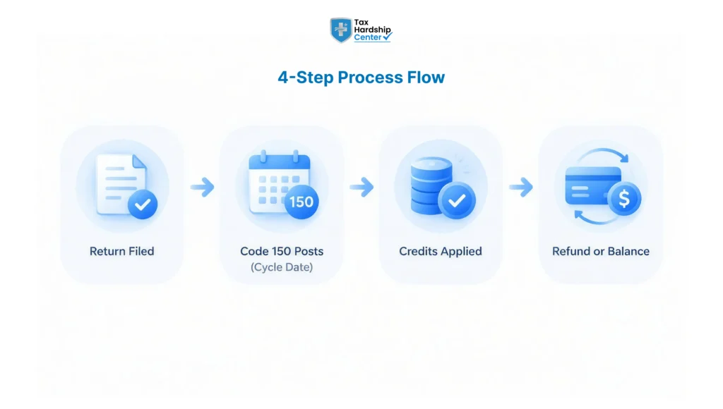 Infographic showing the IRS transcript sequence from return filing and code 150 to credits and refund or balance